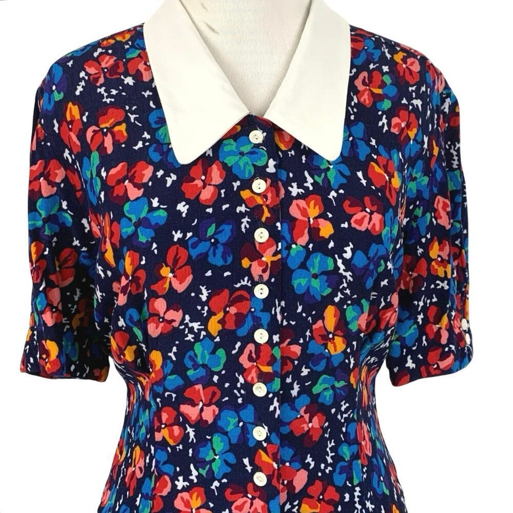Vintage Liz Claiborne Floral Midi Dress 90s Colorful Collar Size 6 - Picture 2 of 6